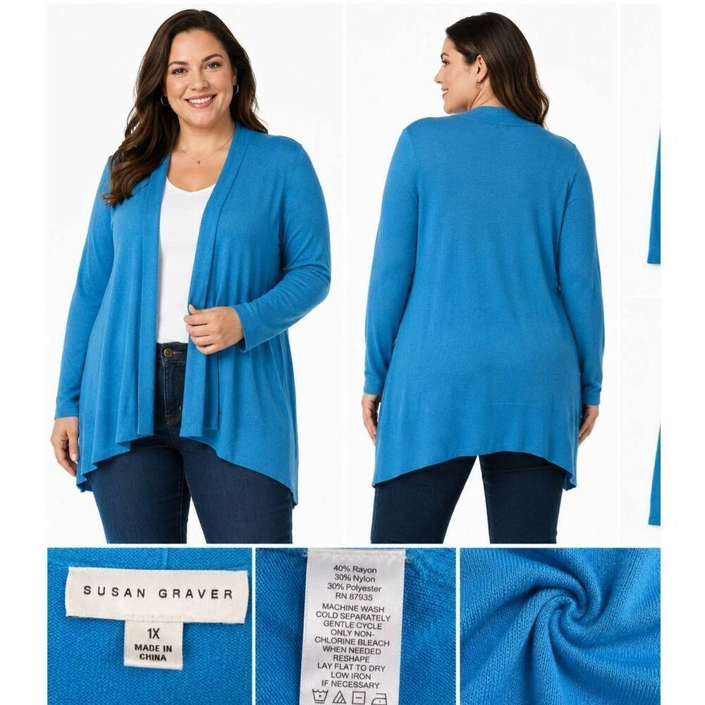 Susan Graver 1X Blue Open Front Duster Cardigan Sweater